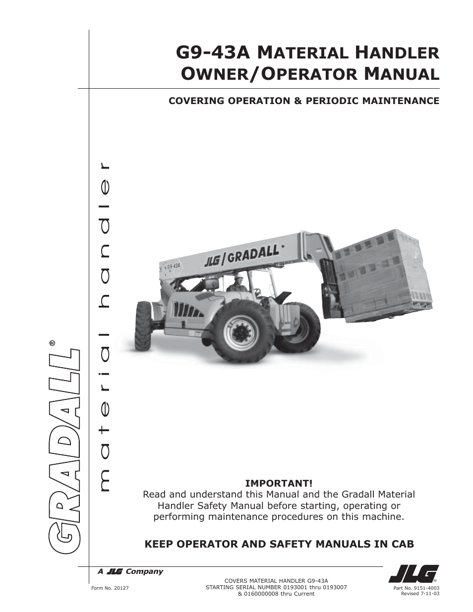 G9-43a m, Aterial, Andler | Wner, Perator, Anual, Material handler | JLG G9-43A (9151-4003) Operator Manual User Manual | Page 3 / 60