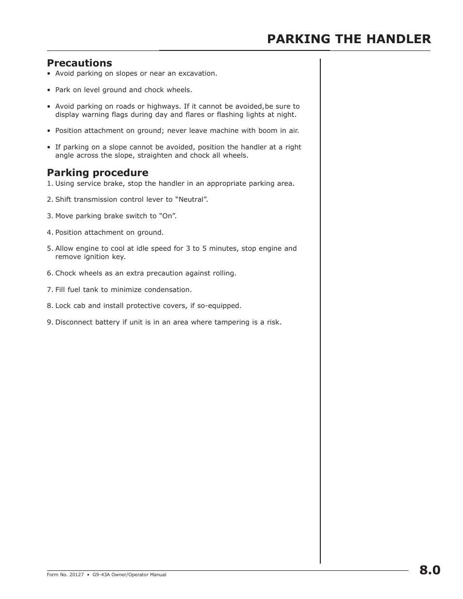 Parking the handler, Parking the handler 8.0, Precautions | Parking procedure | JLG G9-43A (9151-4003) Operator Manual User Manual | Page 31 / 60