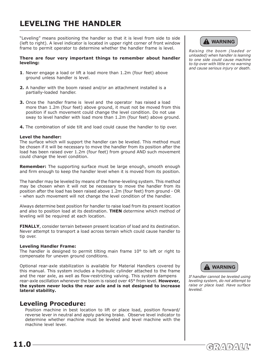 Leveling the handler, Leveling the handler 11.0, Leveling procedure | JLG G9-43A (9151-4003) Operator Manual User Manual | Page 34 / 60