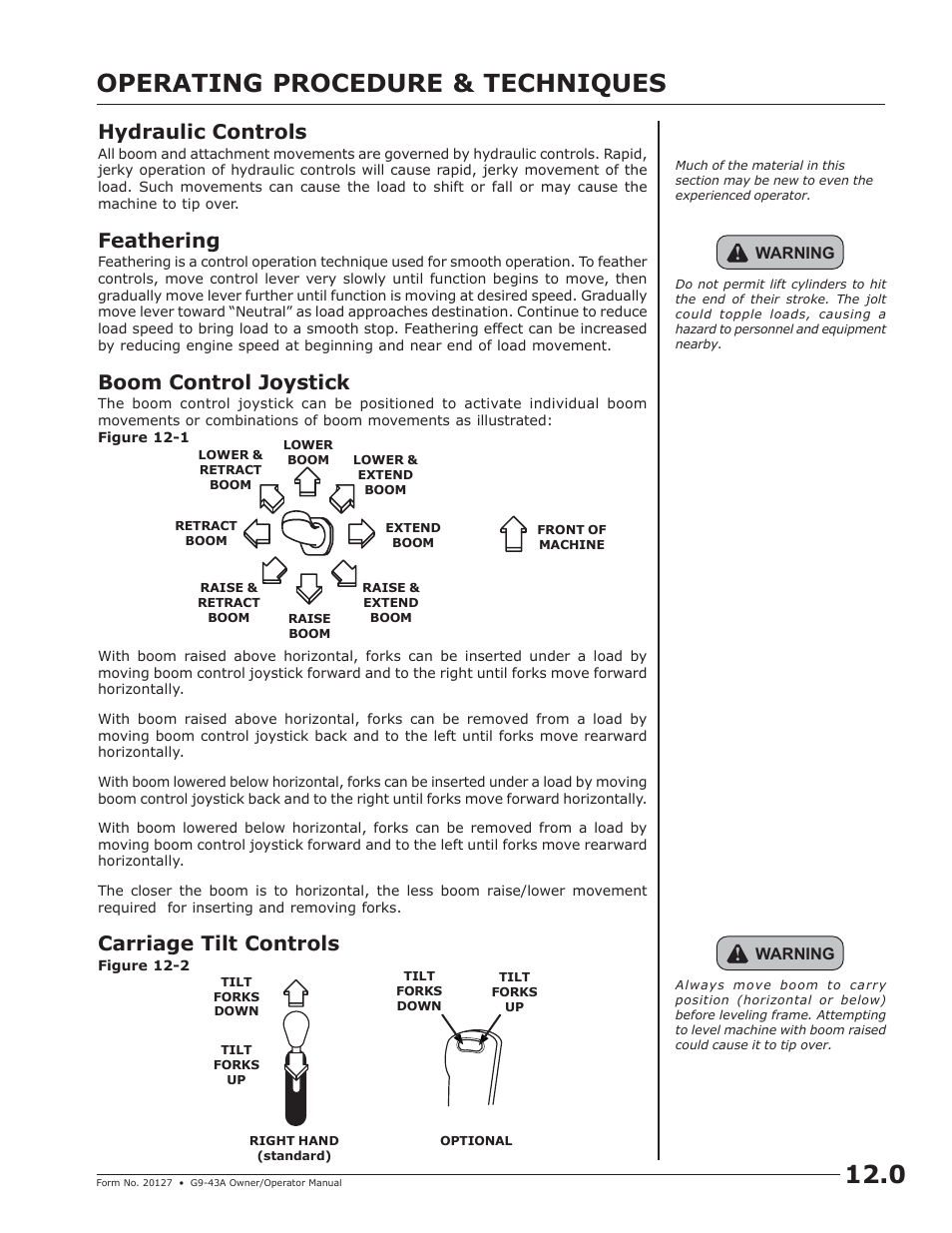 Operating procedure & techniques, Hydraulic controls, Feathering | Boom control joystick, Carriage tilt controls | JLG G9-43A (9151-4003) Operator Manual User Manual | Page 35 / 60