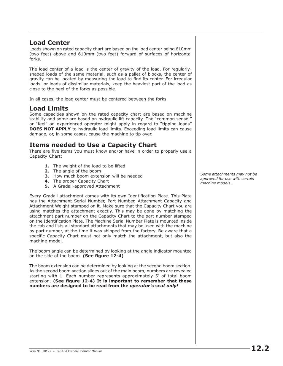 Load center, Load limits, Items needed to use a capacity chart | JLG G9-43A (9151-4003) Operator Manual User Manual | Page 37 / 60