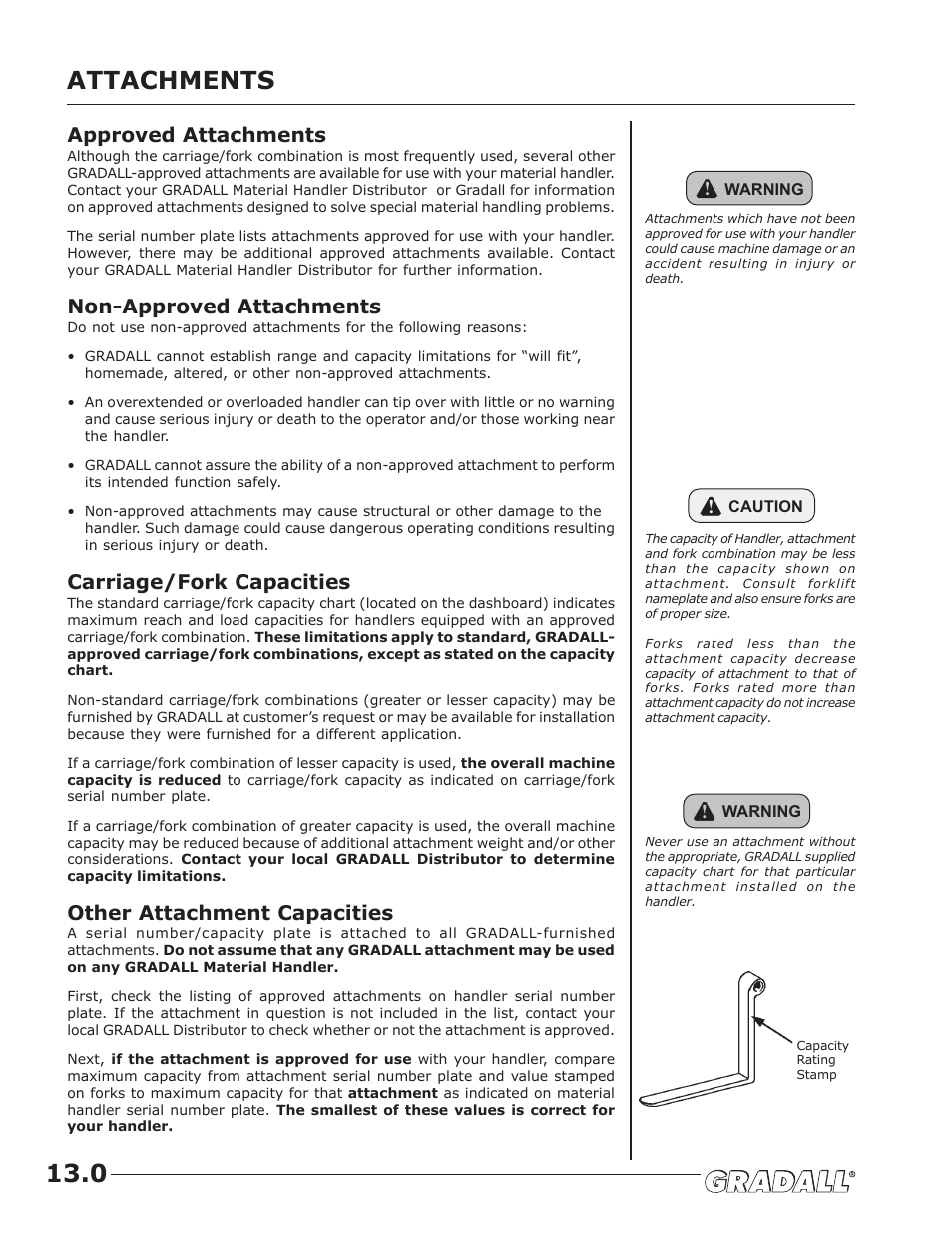 Attachments, Attachments 13.0, Approved attachments | Non-approved attachments, Carriage/fork capacities, Other attachment capacities | JLG G9-43A (9151-4003) Operator Manual User Manual | Page 40 / 60