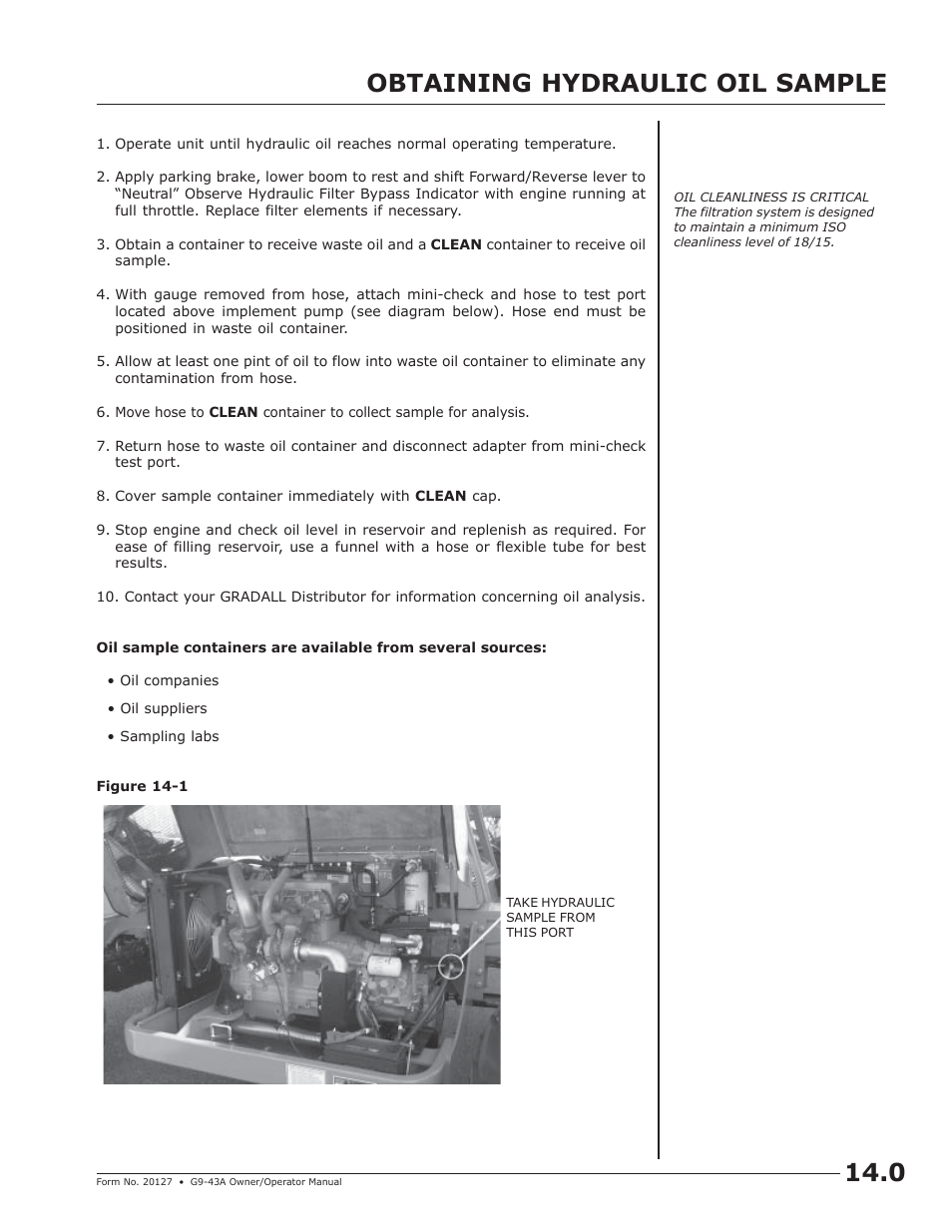 Obtaining hydraulic oil sample for analysis, Obtaining hydraulic oil sample 14.0 | JLG G9-43A (9151-4003) Operator Manual User Manual | Page 49 / 60