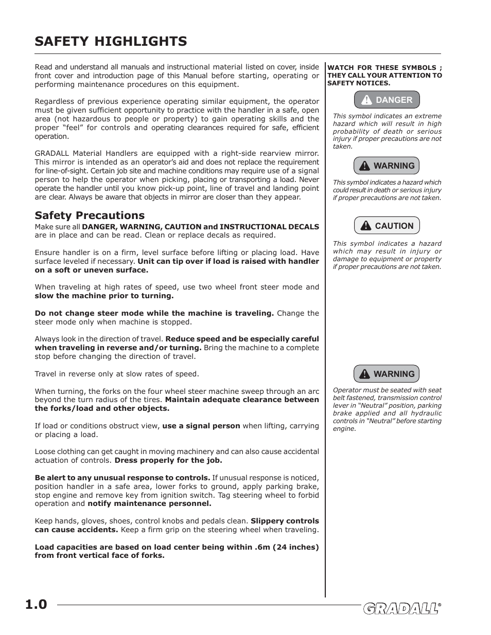 Safety highlights, Safety highlights 1.0, Safety precautions | JLG G9-43A (9151-4003) Operator Manual User Manual | Page 8 / 60