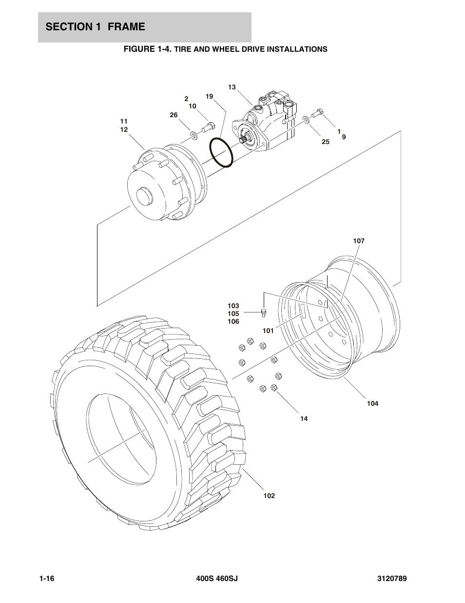 Figure 1-4. tire and wheel drive installations, Tire | JLG 460SJ ANSI Parts Manual User Manual | Page 24 / 346