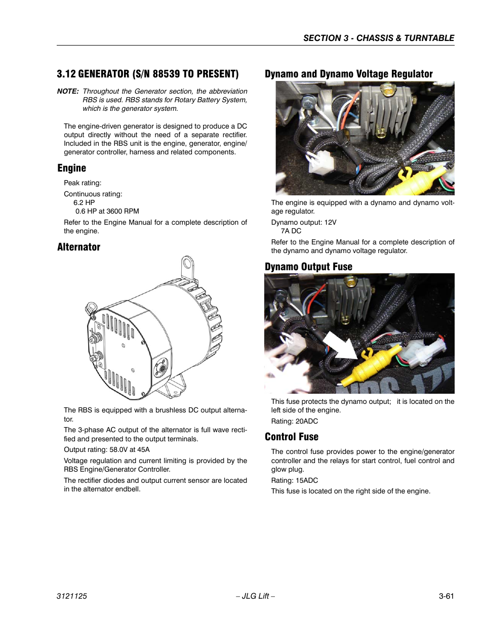 12 generator (s/n 88539 to present), Engine, Alternator | Dynamo and dynamo voltage regulator, Dynamo output fuse, Control fuse, Generator (s/n 88539 to present) -61 | JLG M400 ANSI Service Manual User Manual | Page 103 / 256