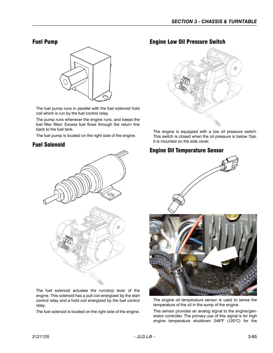 Fuel pump, Fuel solenoid, Engine low oil pressure switch | Engine oil temperature sensor, Fuel pump -65 fuel solenoid -65 | JLG M400 ANSI Service Manual User Manual | Page 107 / 256