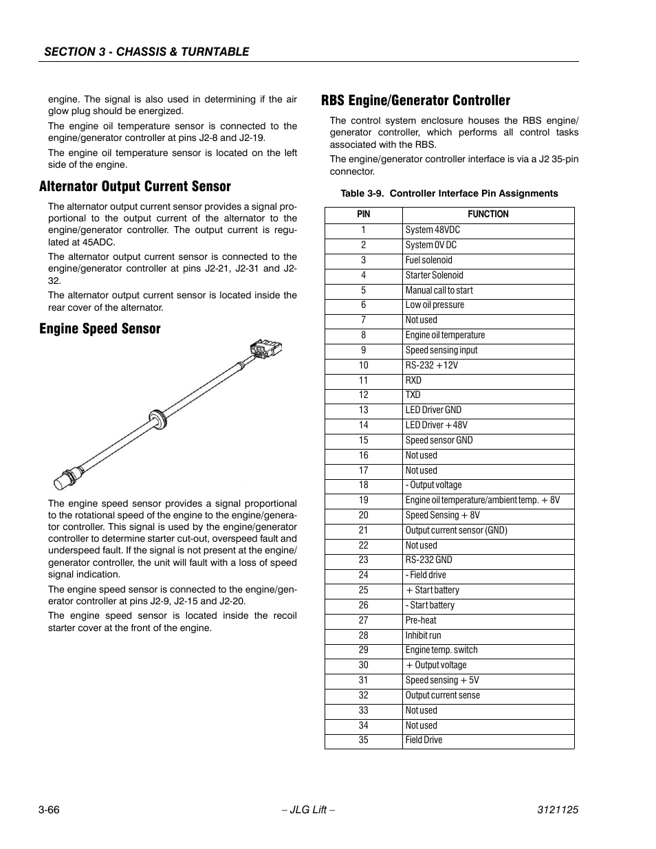 Alternator output current sensor, Engine speed sensor, Rbs engine/generator controller | Controller interface pin assignments -66 | JLG M400 ANSI Service Manual User Manual | Page 108 / 256