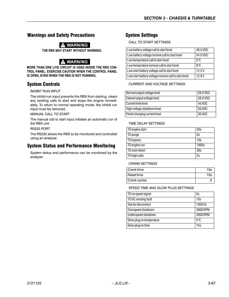 Warnings and safety precautions, System controls, System status and performance monitoring | System settings | JLG M400 ANSI Service Manual User Manual | Page 109 / 256