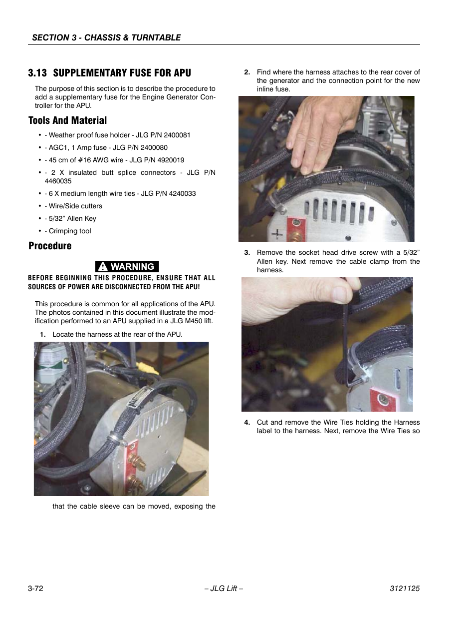 13 supplementary fuse for apu, Tools and material, Procedure | Supplementary fuse for apu -72, Tools and material -72 procedure -72 | JLG M400 ANSI Service Manual User Manual | Page 114 / 256