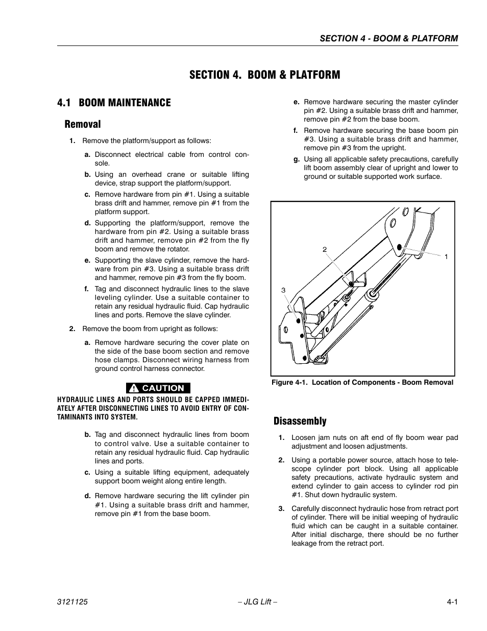 Section 4. boom & platform, 1 boom maintenance, Removal | Disassembly, Section 4 - boom & platform, Boom maintenance -1, Removal -1 disassembly -1, Location of components - boom removal -1, 1 boom maintenance removal | JLG M400 ANSI Service Manual User Manual | Page 117 / 256