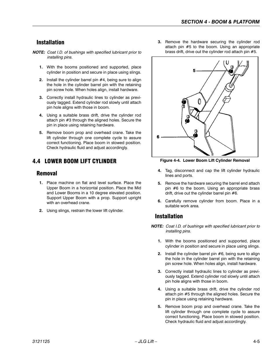 Installation, 4 lower boom lift cylinder, Removal | Installation -5, Lower boom lift cylinder -5, Removal -5 installation -5, Lower boom lift cylinder removal -5, 4 lower boom lift cylinder removal | JLG M400 ANSI Service Manual User Manual | Page 121 / 256