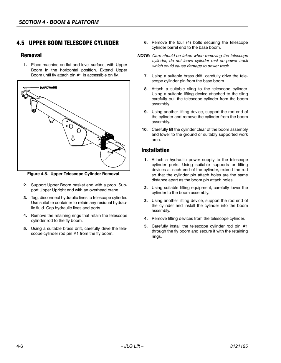 5 upper boom telescope cylinder, Removal, Installation | Upper boom telescope cylinder -6, Removal -6 installation -6, Upper telescope cylinder removal -6, 5 upper boom telescope cylinder removal | JLG M400 ANSI Service Manual User Manual | Page 122 / 256