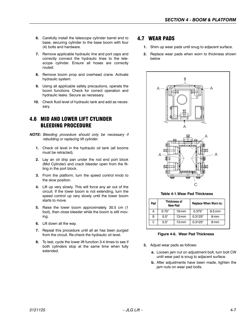 6 mid and lower lift cylinder bleeding procedure, 7 wear pads, Mid and lower lift cylinder bleeding procedure -7 | Wear pads -7, Wear pad thickness -7 | JLG M400 ANSI Service Manual User Manual | Page 123 / 256