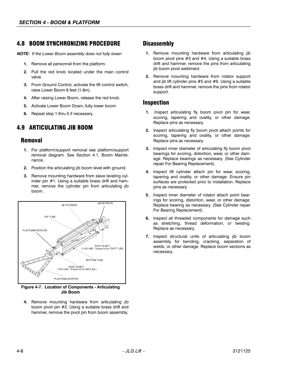 8 boom synchronizing procedure, 9 articulating jib boom, Removal | Disassembly, Inspection, Boom synchronizing procedure -8, Articulating jib boom -8, Removal -8 disassembly -8 inspection -8, Location of components - articulating jib boom -8, 9 articulating jib boom removal | JLG M400 ANSI Service Manual User Manual | Page 124 / 256