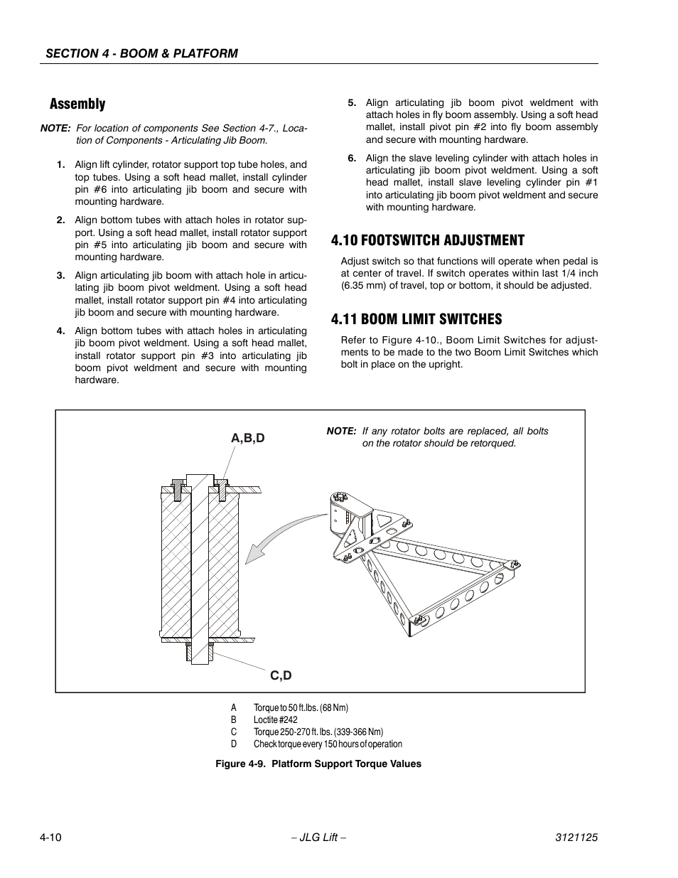 Assembly, 10 footswitch adjustment, 11 boom limit switches | Assembly -10, Footswitch adjustment -10, Boom limit switches -10, Platform support torque values -10 | JLG M400 ANSI Service Manual User Manual | Page 126 / 256
