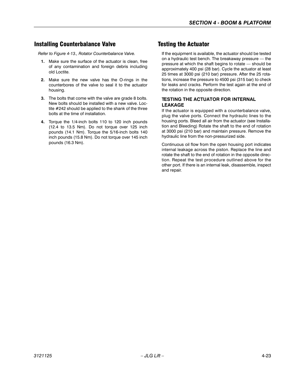 Installing counterbalance valve, Testing the actuator | JLG M400 ANSI Service Manual User Manual | Page 139 / 256