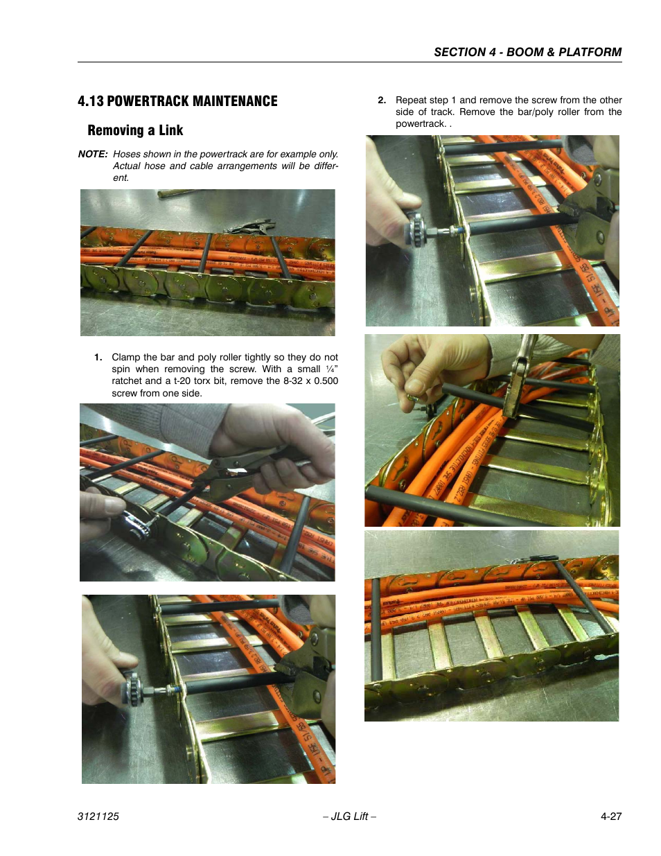13 powertrack maintenance, Removing a link, Powertrack maintenance -27 | Removing a link -27, 13 powertrack maintenance removing a link | JLG M400 ANSI Service Manual User Manual | Page 143 / 256