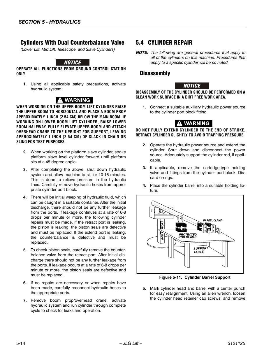 Cylinders with dual counterbalance valve, 4 cylinder repair, Disassembly | Cylinders with dual counterbalance valve -14, Cylinder repair -14, Disassembly -14, Cylinder barrel support -14 | JLG M400 ANSI Service Manual User Manual | Page 168 / 256