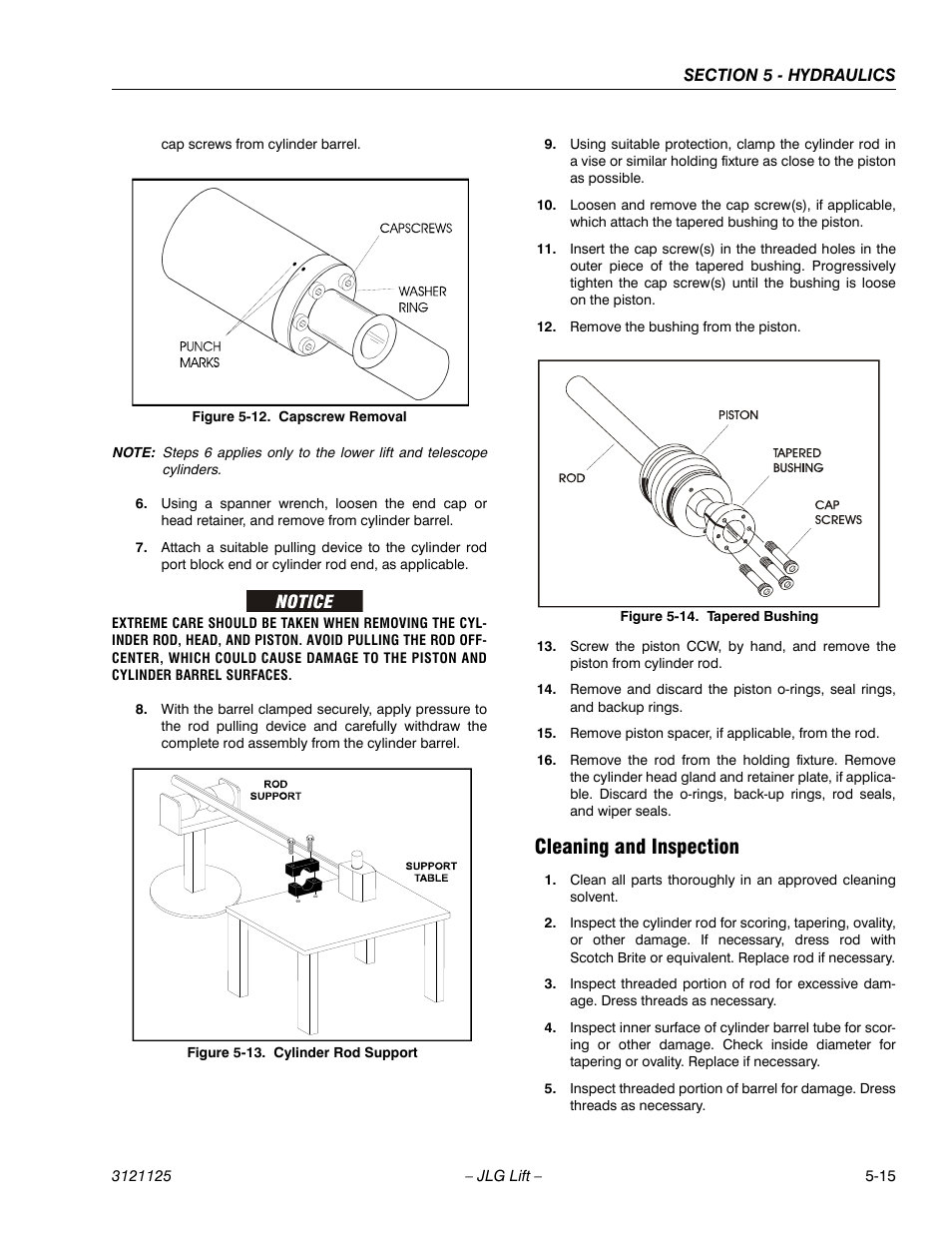 Cleaning and inspection, Cleaning and inspection -15, Capscrew removal -15 | Cylinder rod support -15, Tapered bushing removal -15 | JLG M400 ANSI Service Manual User Manual | Page 169 / 256