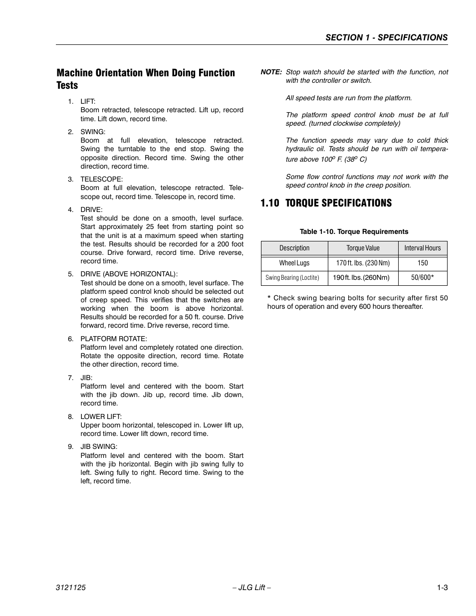 Machine orientation when doing function tests, 10 torque specifications, Machine orientation when doing function tests -3 | Torque specifications -3, Torque requirements -3 | JLG M400 ANSI Service Manual User Manual | Page 17 / 256