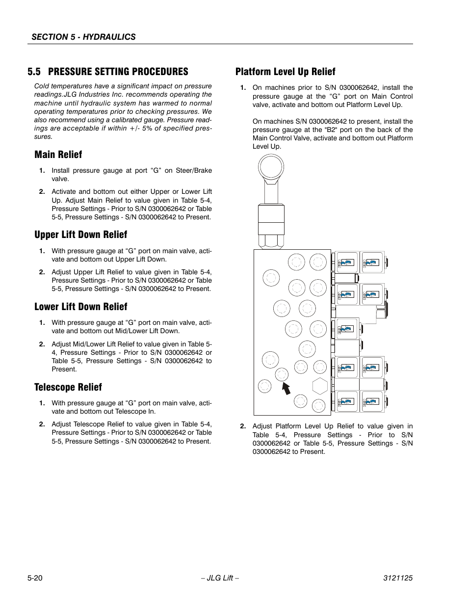 5 pressure setting procedures, Main relief, Upper lift down relief | Lower lift down relief, Telescope relief, Platform level up relief, Pressure setting procedures -20 | JLG M400 ANSI Service Manual User Manual | Page 174 / 256