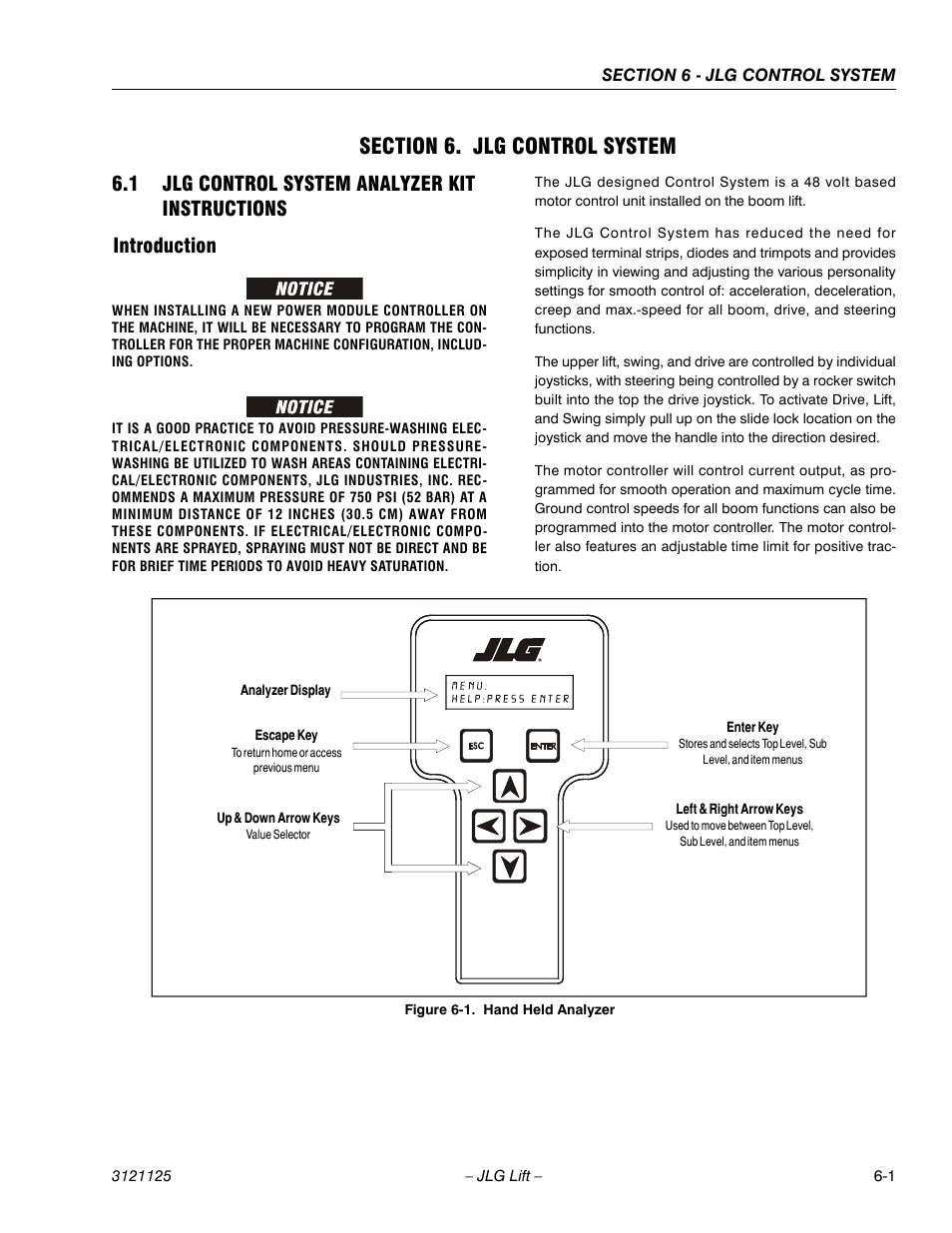 Section 6. jlg control system, 1 jlg control system analyzer kit instructions, Introduction | Section 6 - jlg control system, Jlg control system analyzer kit instructions -1, Introduction -1, Hand held analyzer -1 | JLG M400 ANSI Service Manual User Manual | Page 181 / 256