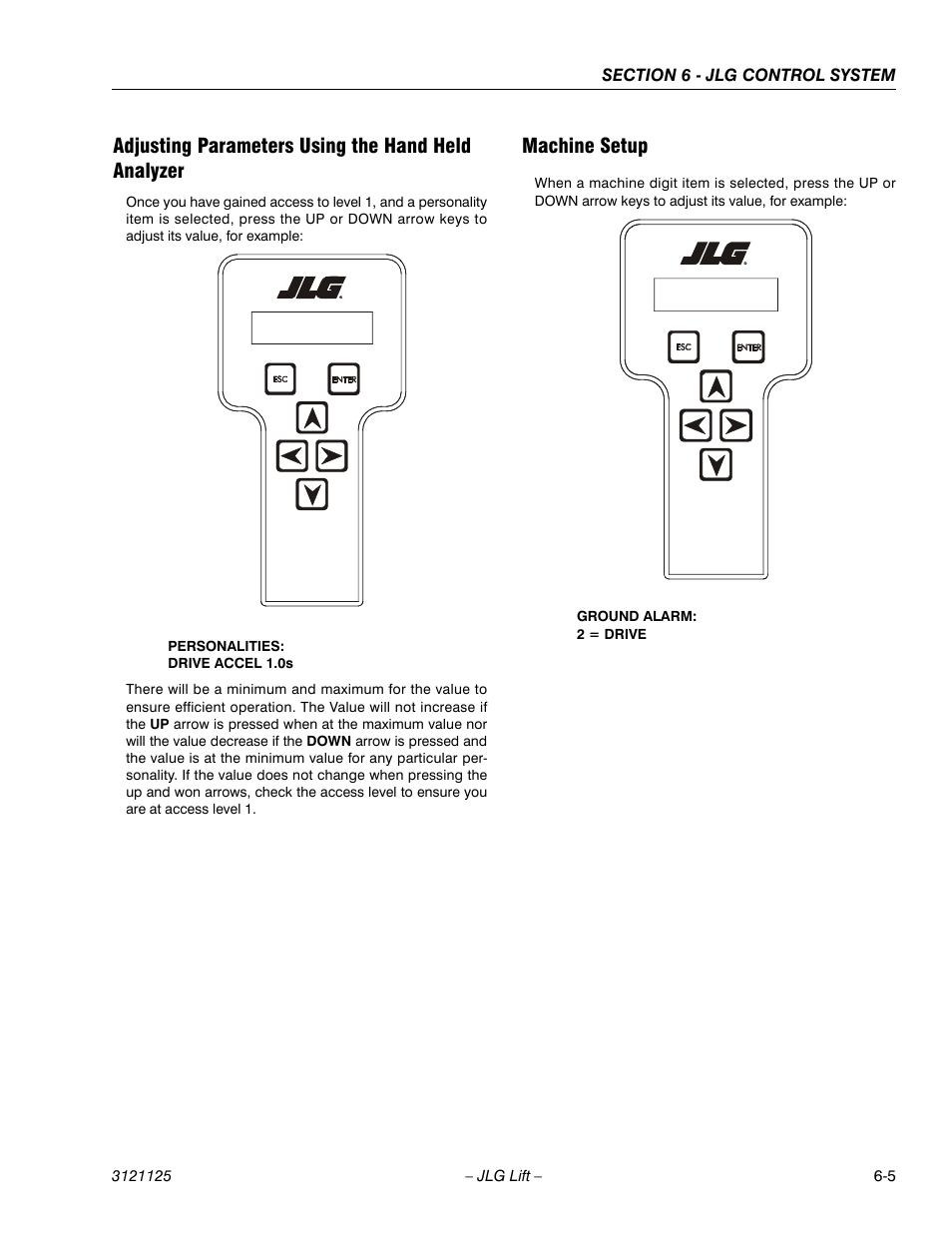 Adjusting parameters using the hand held analyzer, Machine setup | JLG M400 ANSI Service Manual User Manual | Page 185 / 256
