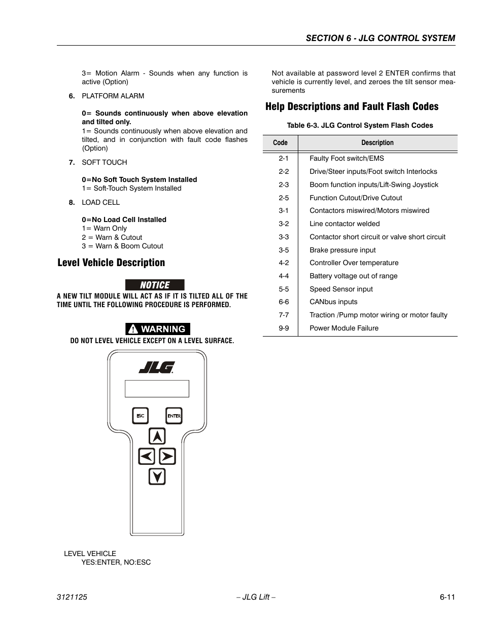 Level vehicle description, Help descriptions and fault flash codes, Jlg control system flash codes -11 | JLG M400 ANSI Service Manual User Manual | Page 191 / 256