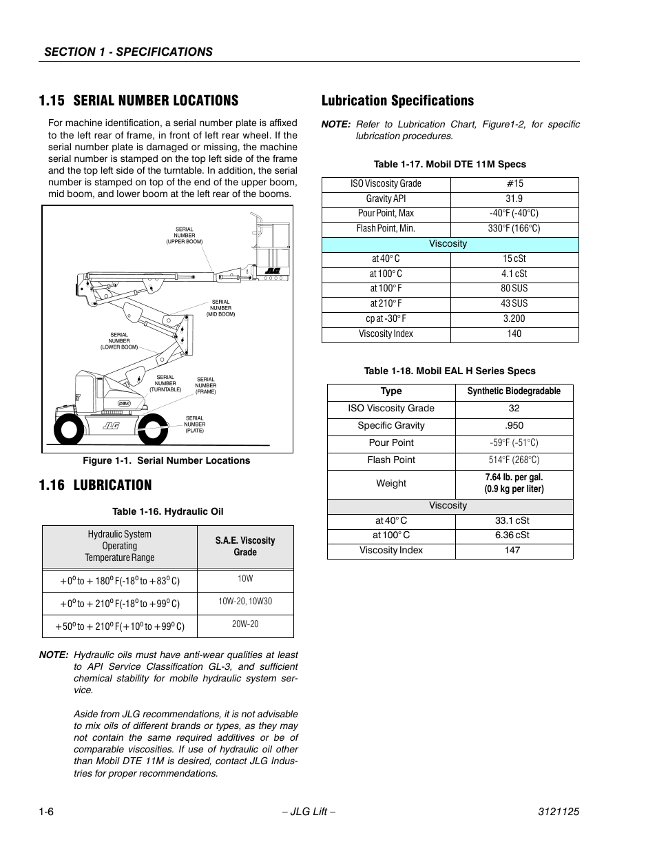 15 serial number locations, 16 lubrication, Lubrication specifications | Serial number locations -6, Lubrication -6, Lubrication specifications -6, Hydraulic oil -6, Mobil dte 11m specs -6, Mobil eal h series specs -6 | JLG M400 ANSI Service Manual User Manual | Page 20 / 256