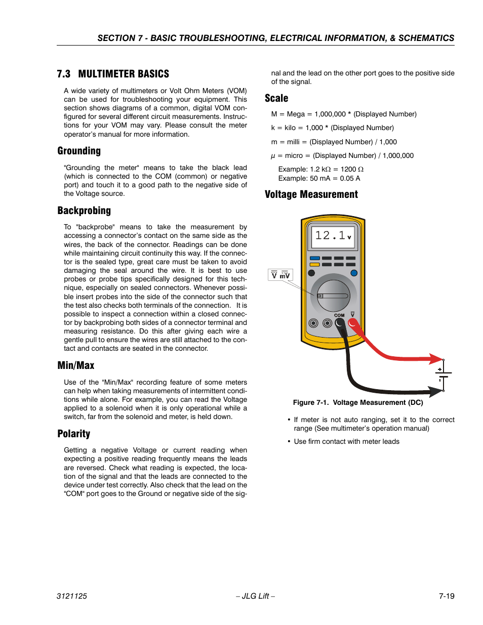 3 multimeter basics, Grounding, Backprobing | Min/max, Polarity, Scale, Voltage measurement, Multimeter basics -19, Voltage measurement (dc) -19 | JLG M400 ANSI Service Manual User Manual | Page 233 / 256