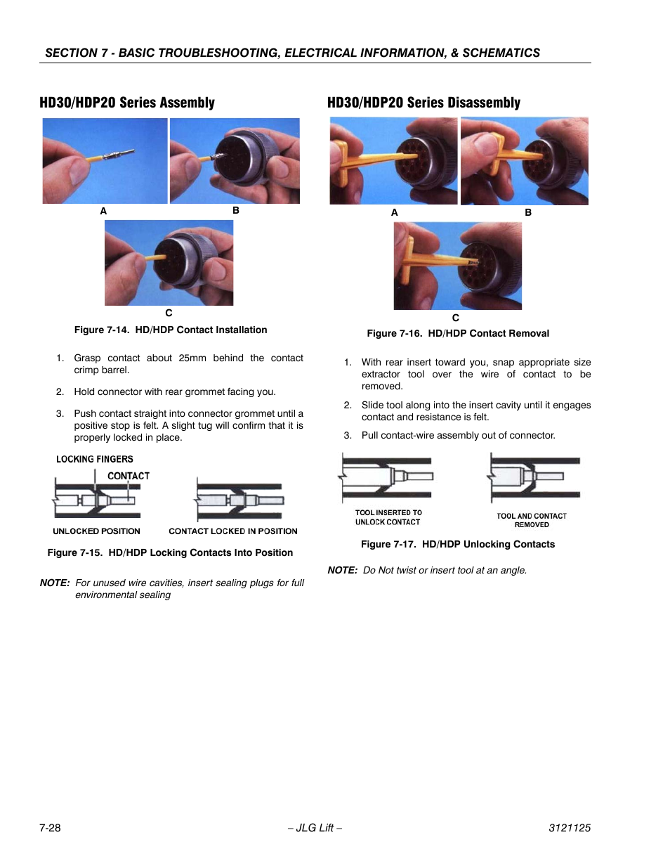 Hd30/hdp20 series assembly, Hd30/hdp20 series disassembly, Hd/hdp contact installation -28 | Hd/hdp locking contacts into position -28, Hd/hdp contact removal -28, Hd/hdp unlocking contacts -28 | JLG M400 ANSI Service Manual User Manual | Page 242 / 256