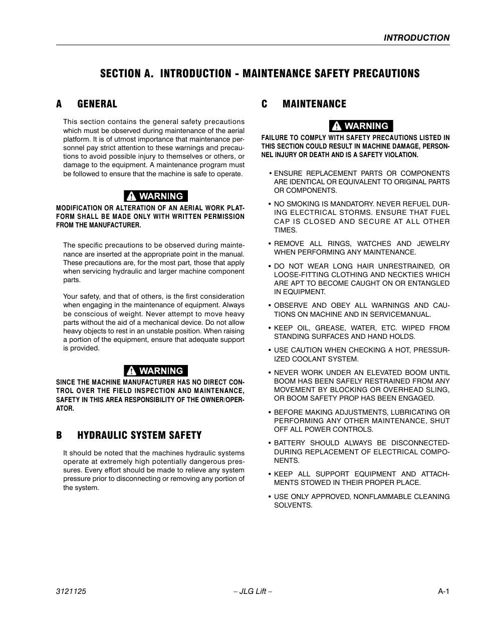 A general, B hydraulic system safety, C maintenance | Ageneral, Bhydraulic system safety, Cmaintenance | JLG M400 ANSI Service Manual User Manual | Page 3 / 256