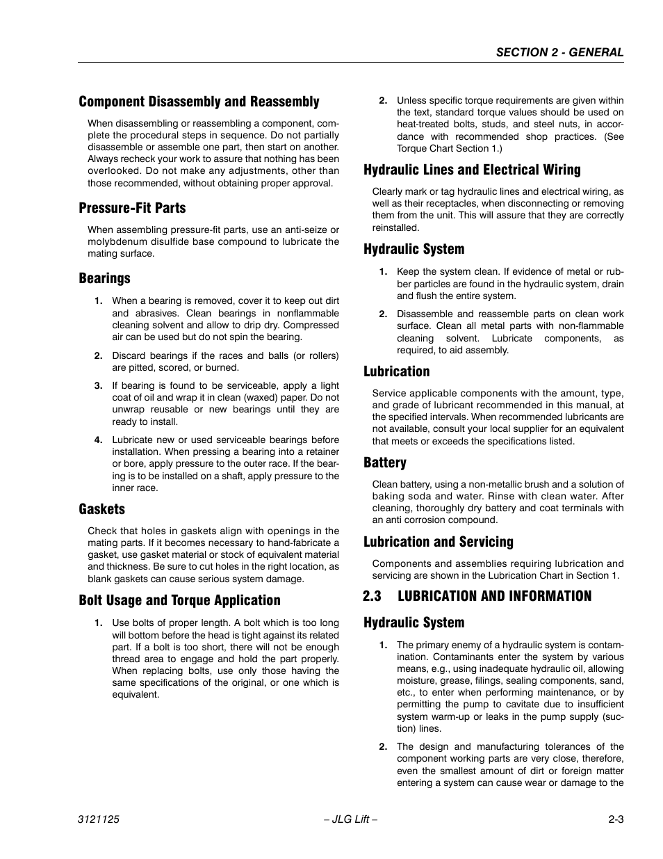 Component disassembly and reassembly, Pressure-fit parts, Bearings | Gaskets, Bolt usage and torque application, Hydraulic lines and electrical wiring, Hydraulic system, Lubrication, Battery, Lubrication and servicing | JLG M400 ANSI Service Manual User Manual | Page 35 / 256