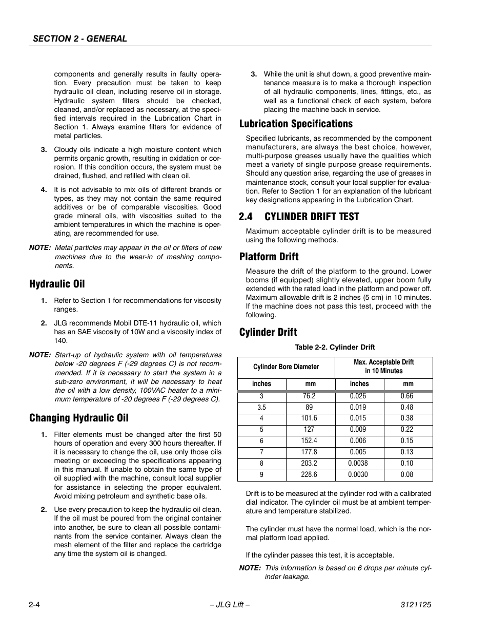 Hydraulic oil, Changing hydraulic oil, Lubrication specifications | 4 cylinder drift test, Platform drift, Cylinder drift, Cylinder drift test -4, Platform drift -4 cylinder drift -4, Cylinder drift -4 | JLG M400 ANSI Service Manual User Manual | Page 36 / 256