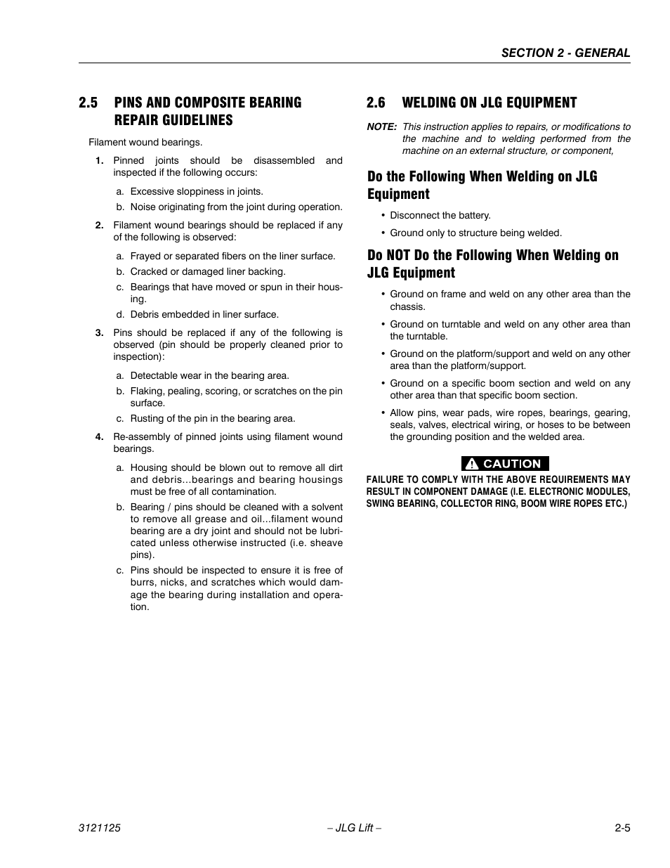 5 pins and composite bearing repair guidelines, 6 welding on jlg equipment, Do the following when welding on jlg equipment | Pins and composite bearing repair guidelines -5, Welding on jlg equipment -5 | JLG M400 ANSI Service Manual User Manual | Page 37 / 256