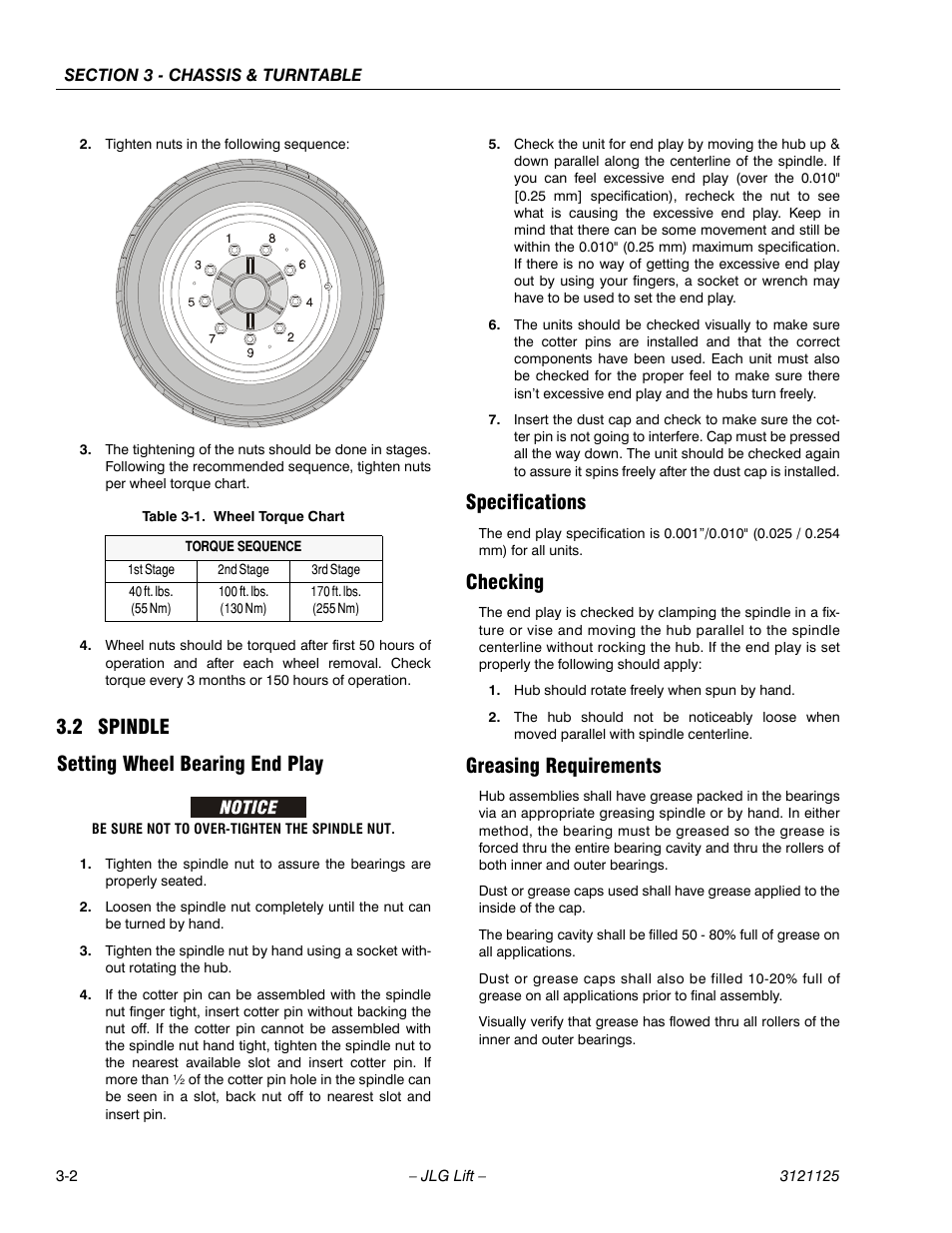 2 spindle, Setting wheel bearing end play, Specifications | Checking, Greasing requirements, Spindle -2, Wheel torque chart -2, 2 spindle setting wheel bearing end play | JLG M400 ANSI Service Manual User Manual | Page 44 / 256