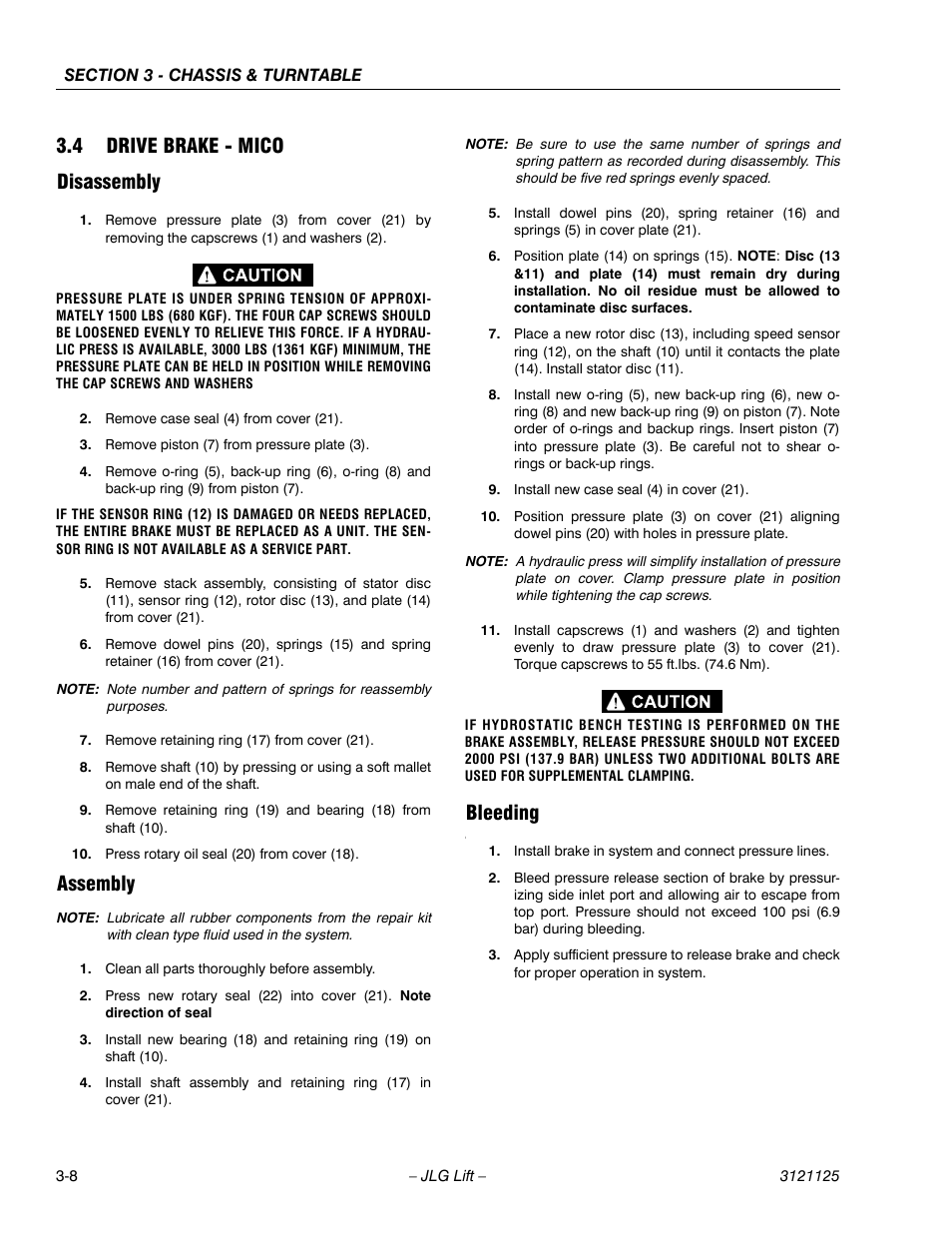 4 drive brake - mico, Disassembly, Assembly | Bleeding, Drive brake - mico -8, Disassembly -8 assembly -8 bleeding -8, 4 drive brake - mico disassembly | JLG M400 ANSI Service Manual User Manual | Page 50 / 256