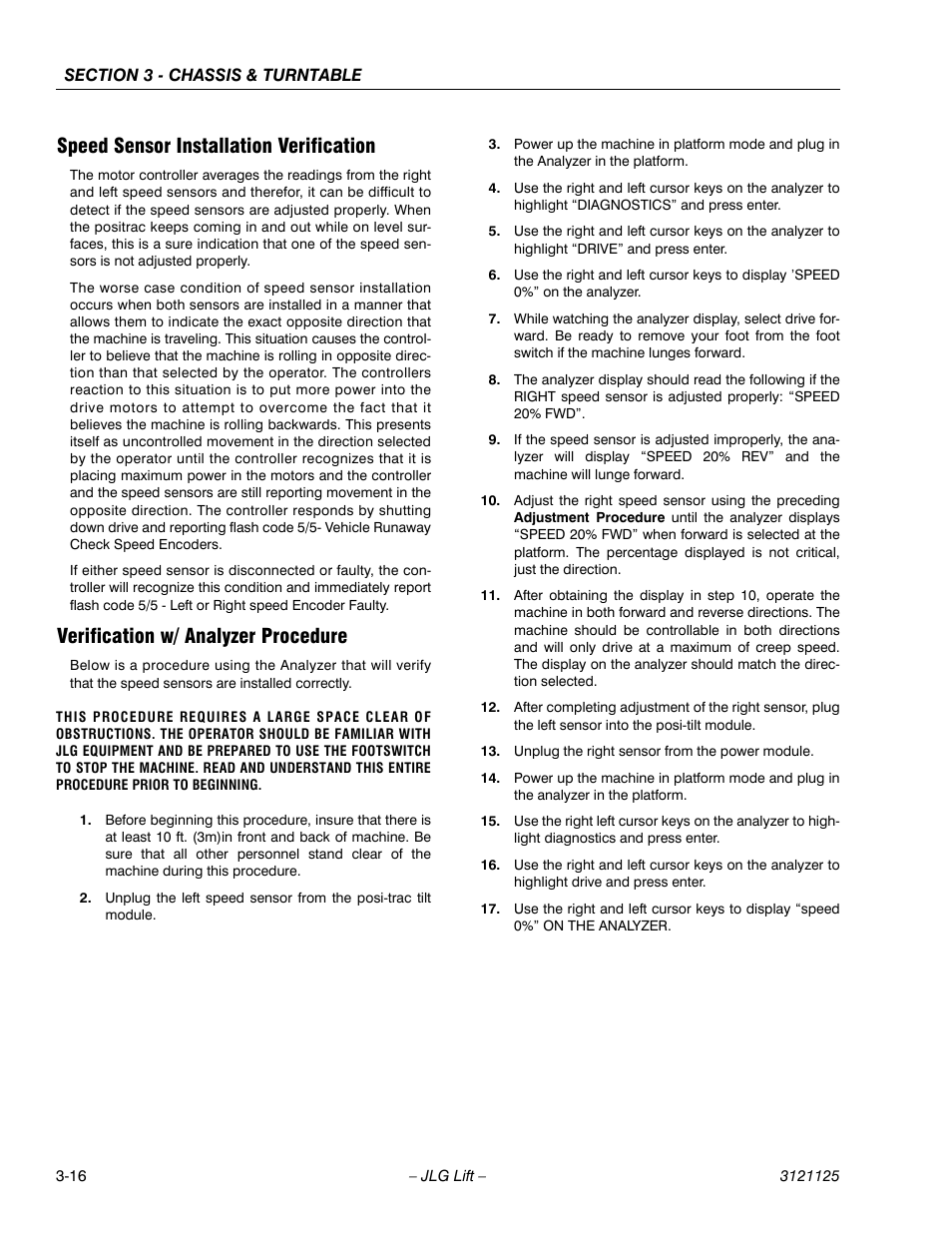 Speed sensor installation verification, Verification w/ analyzer procedure | JLG M400 ANSI Service Manual User Manual | Page 58 / 256