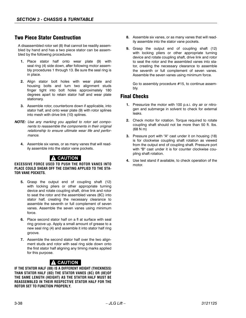 Two piece stator construction, Final checks, Two piece stator construction -38 final checks -38 | JLG M400 ANSI Service Manual User Manual | Page 80 / 256