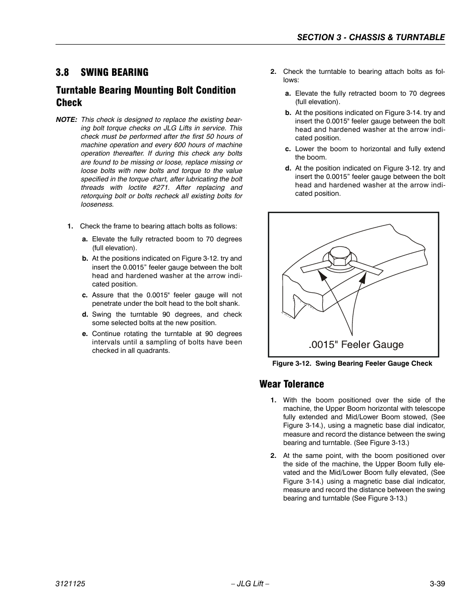 8 swing bearing, Turntable bearing mounting bolt condition check, Wear tolerance | Swing bearing -39, Swing bearing feeler gauge check -39 | JLG M400 ANSI Service Manual User Manual | Page 81 / 256