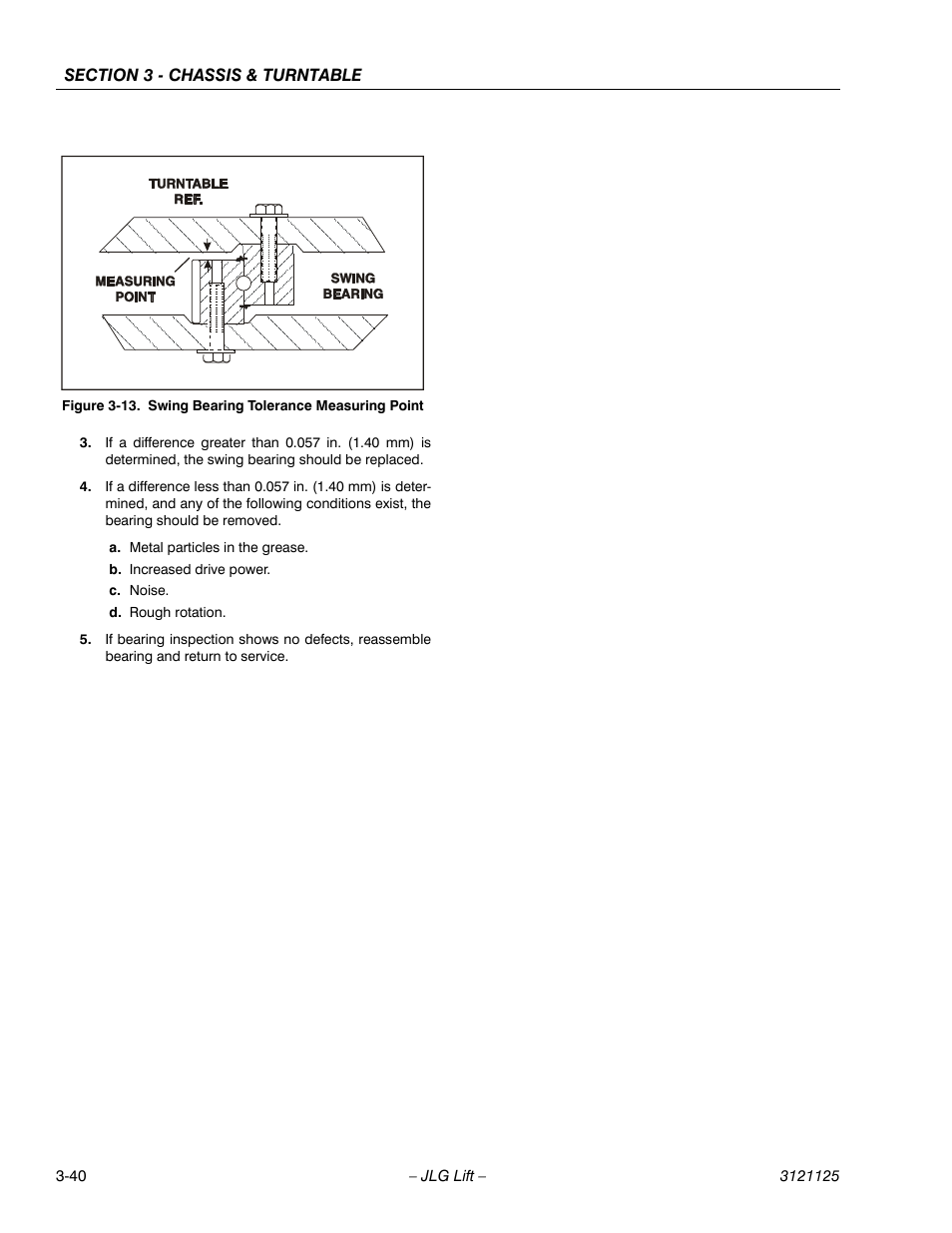 Swing bearing tolerance measuring point -40, Table. (see figure 3-13.), Table (see figure 3-13.) | JLG M400 ANSI Service Manual User Manual | Page 82 / 256