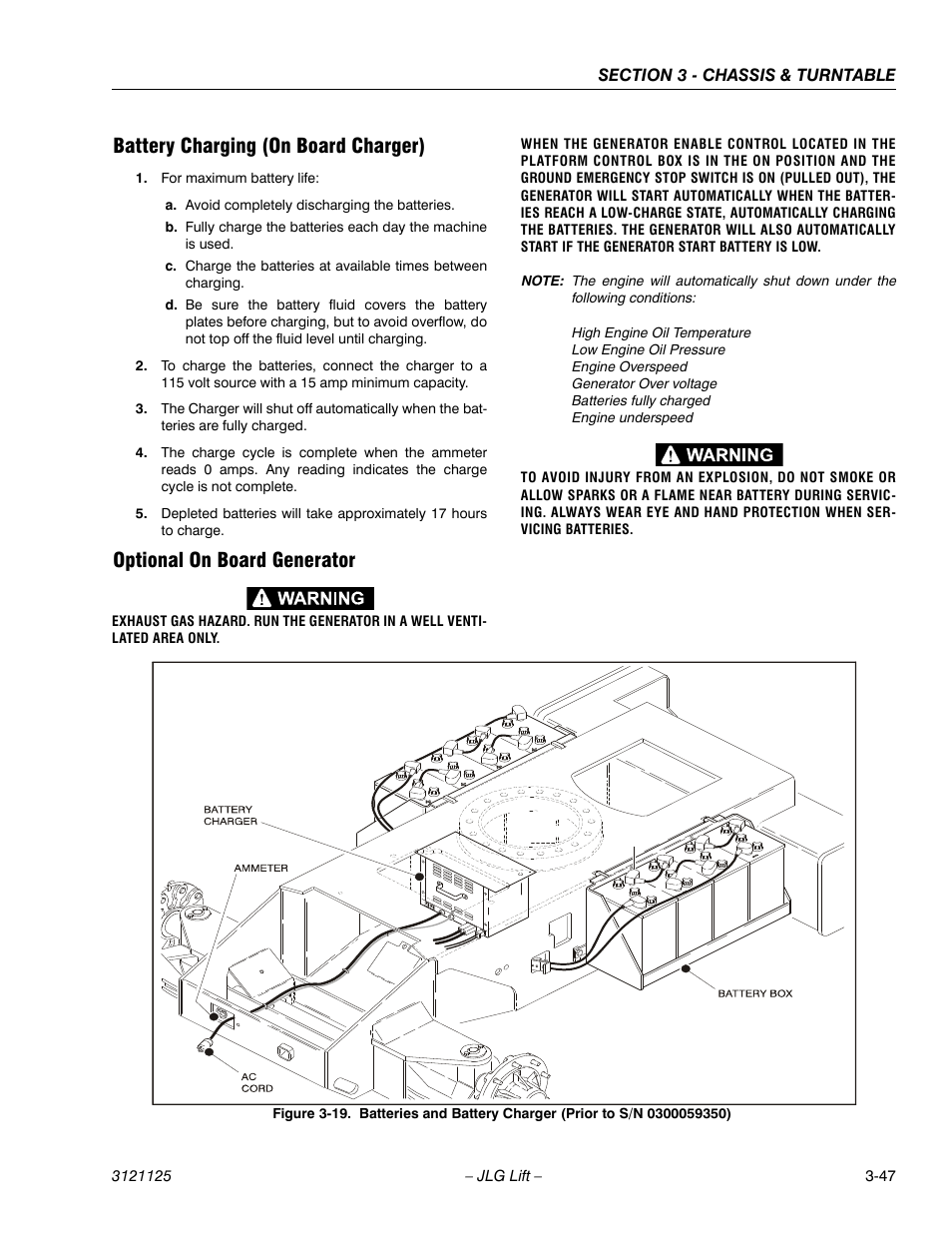 Battery charging (on board charger), Optional on board generator | JLG M400 ANSI Service Manual User Manual | Page 89 / 256