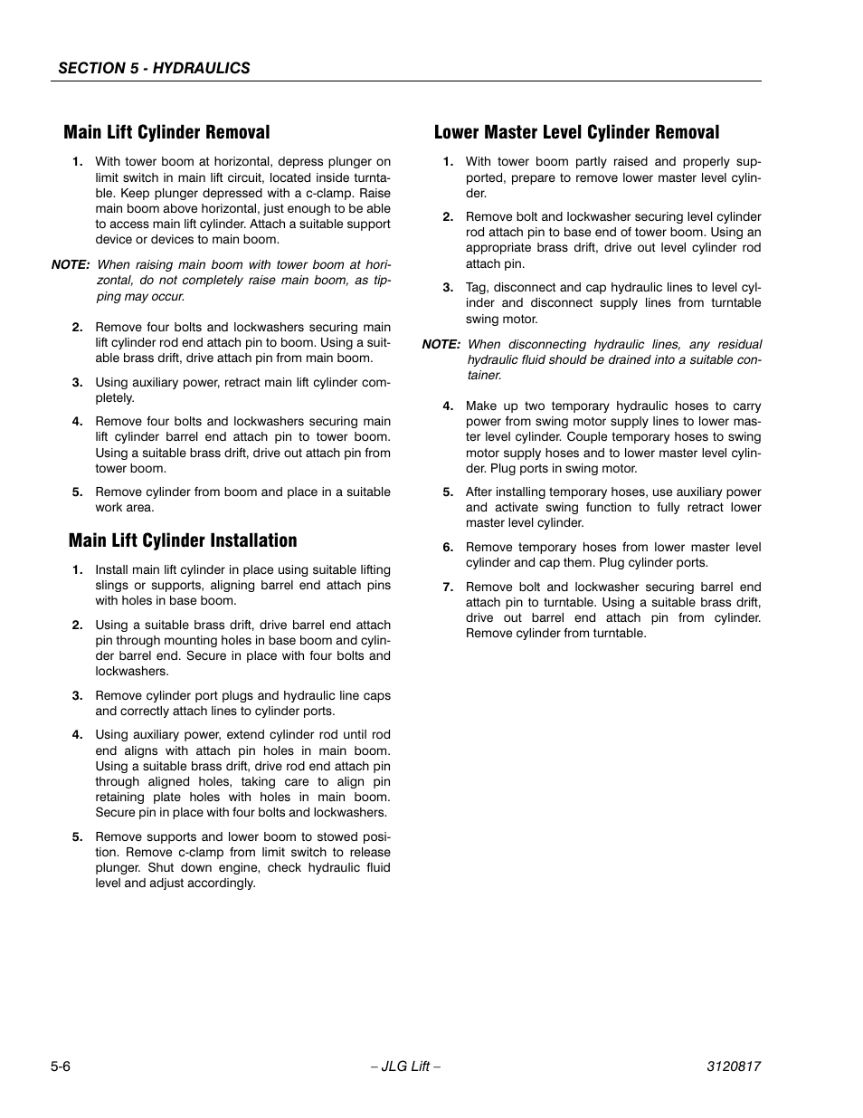 Main lift cylinder removal, Main lift cylinder installation, Lower master level cylinder removal | JLG 150HAX Service Manual User Manual | Page 102 / 156