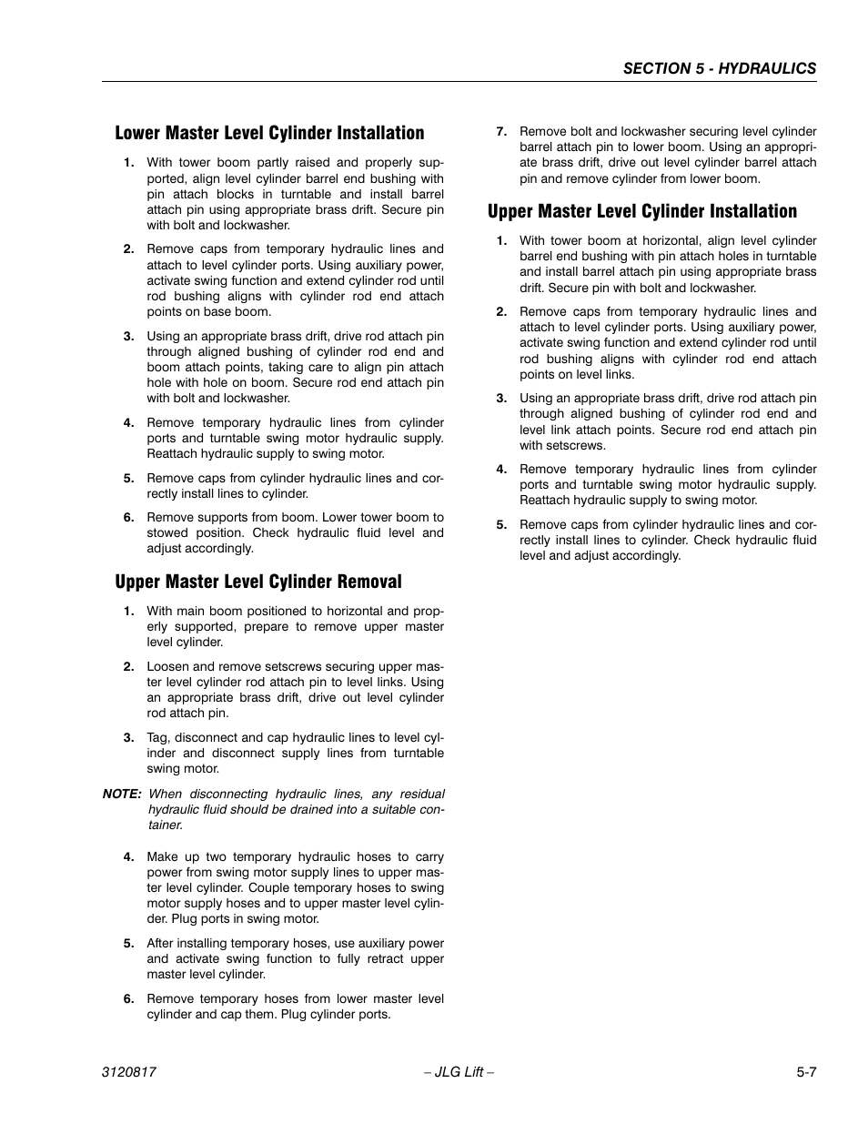 Lower master level cylinder installation, Upper master level cylinder removal, Upper master level cylinder installation | JLG 150HAX Service Manual User Manual | Page 103 / 156