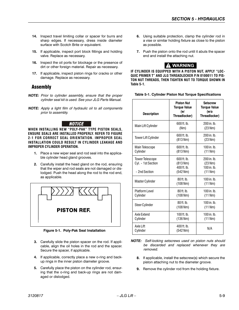 Assembly, Assembly -9, Poly-pak seal installation -9 | Cylinder piston nut torque specifications -9 | JLG 150HAX Service Manual User Manual | Page 105 / 156
