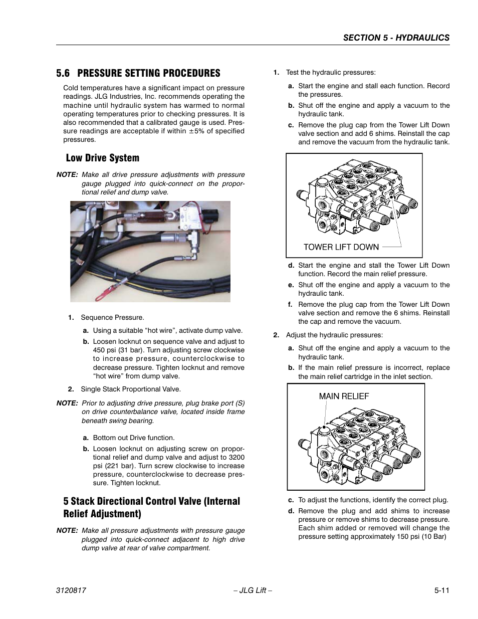 6 pressure setting procedures, Low drive system, Pressure setting procedures -11 | JLG 150HAX Service Manual User Manual | Page 107 / 156