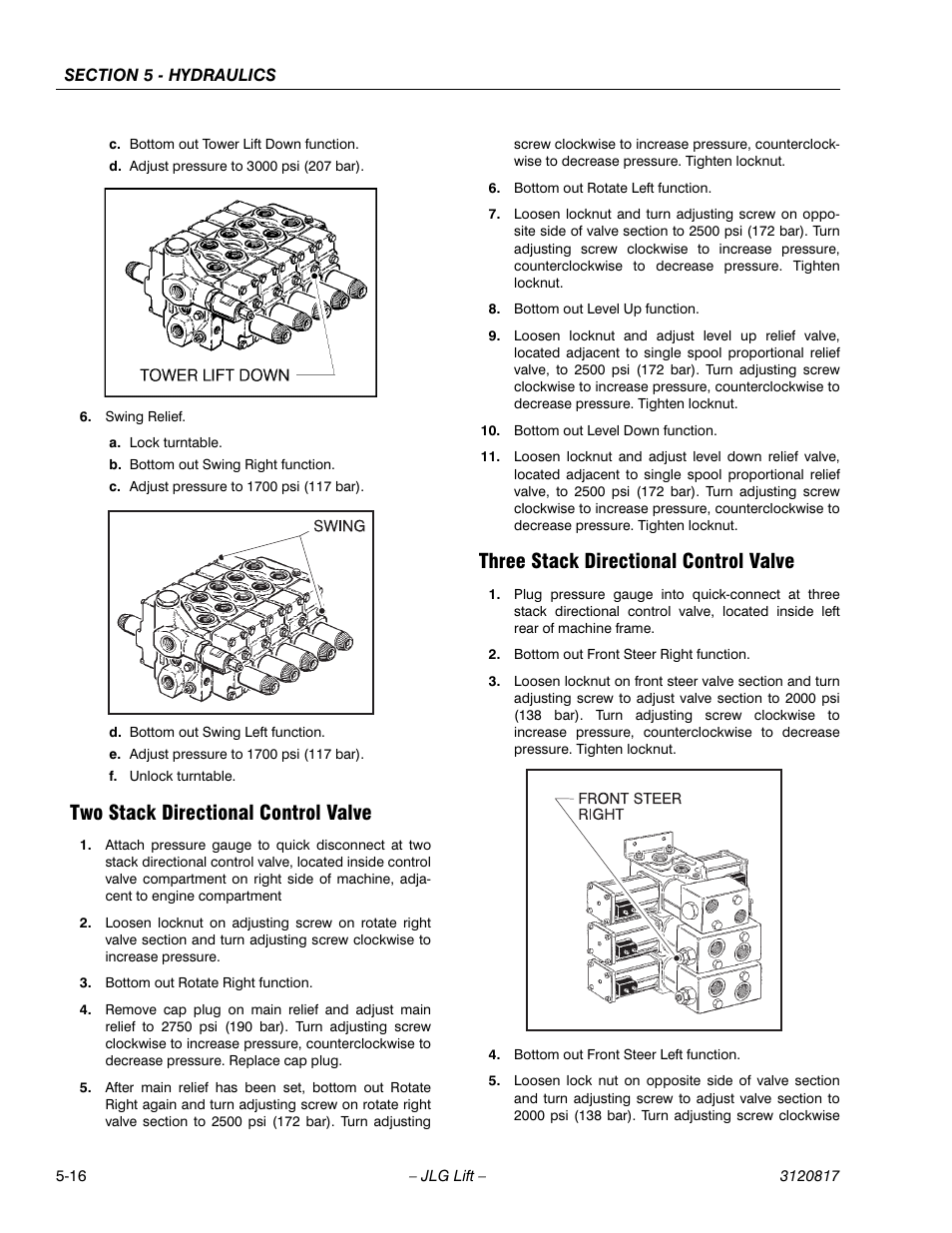 Two stack directional control valve, Three stack directional control valve | JLG 150HAX Service Manual User Manual | Page 112 / 156