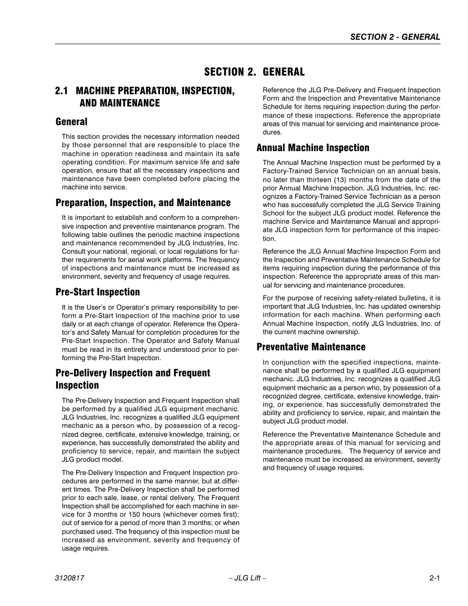 Section 2. general, 1 machine preparation, inspection, and maintenance, General | Preparation, inspection, and maintenance, Pre-start inspection, Pre-delivery inspection and frequent inspection, Annual machine inspection, Preventative maintenance, Section 2 - general | JLG 150HAX Service Manual User Manual | Page 29 / 156