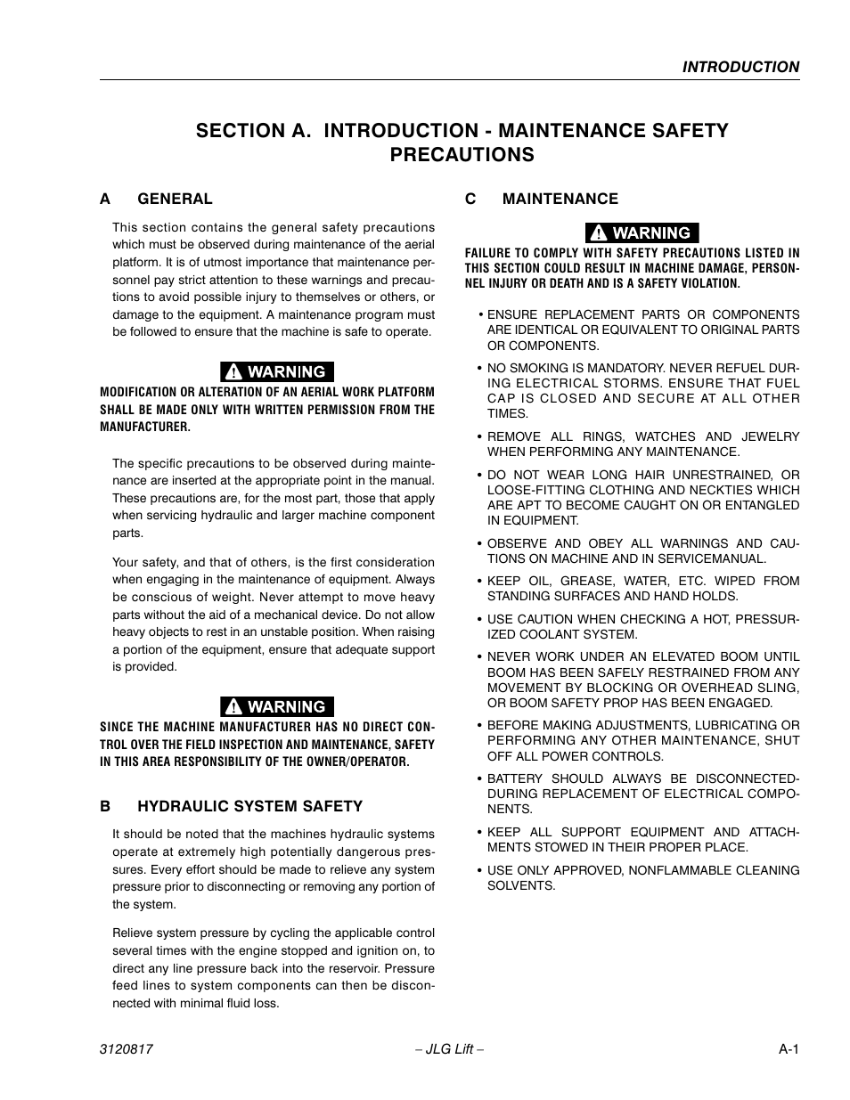 A general, B hydraulic system safety, C maintenance | JLG 150HAX Service Manual User Manual | Page 3 / 156